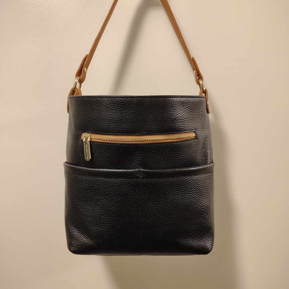 Classic Black Leather Shoulder Bag with Tan Strap